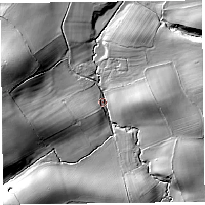 Shaded relief map of the ground around SY156UD, computed from Environment Agency LiDAR. The ground here sits at about 110 m above sea level and falls 26 m across the surrounding 800 m. Surface water reaching this point runs off ground lying to the south-west, 23.8 m higher.