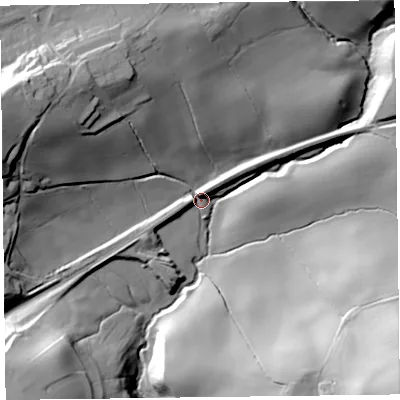 Shaded relief map of the ground around SY218DG, computed from Environment Agency LiDAR. The ground here sits at about 113 m above sea level and falls 57 m across the surrounding 800 m. Surface water reaching this point runs off ground lying to the west-north-west, 41.0 m higher.