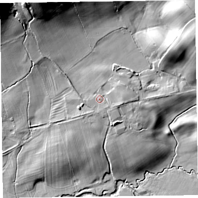 Shaded relief map of the ground around SY218JL, computed from Environment Agency LiDAR. The ground here sits at about 102 m above sea level and falls 45 m across the surrounding 800 m. Surface water reaching this point runs off ground lying to the east-south-east, 1.8 m higher.