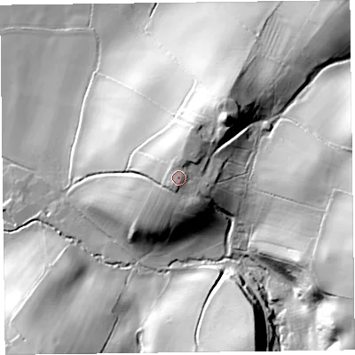 Shaded relief map of the ground around SY218JS, computed from Environment Agency LiDAR. The ground here sits at about 144 m above sea level and falls 54 m across the surrounding 800 m. Surface water reaching this point runs off ground lying to the north-north-east, 1.7 m higher.