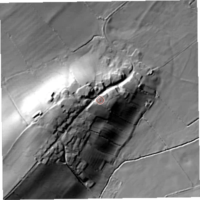 Shaded relief map of the ground around SY218JT, computed from Environment Agency LiDAR. The ground here sits at about 118 m above sea level and falls 24 m across the surrounding 800 m. Surface water reaching this point runs off ground lying to the west, 11.3 m higher.