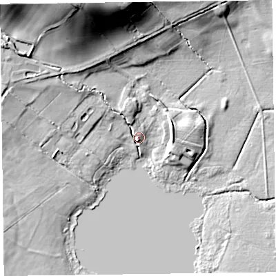 Shaded relief map of the ground around SY218JX, computed from Environment Agency LiDAR. The ground here sits at about 103 m above sea level and falls 24 m across the surrounding 800 m. Surface water reaching this point runs off ground lying to the north-north-west, 4.5 m higher.