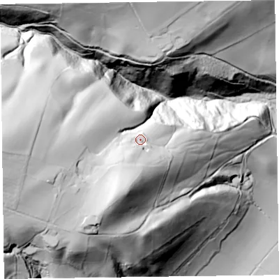 Shaded relief map of the ground around SY218JY, computed from Environment Agency LiDAR. The ground here sits at about 198 m above sea level and falls 132 m across the surrounding 800 m. Surface water reaching this point runs off ground lying to the south-south-west, 28.7 m higher.