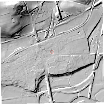 Shaded relief map of the ground around SY226ED, computed from Environment Agency LiDAR. The ground here sits at about 74 m above sea level and falls 63 m across the surrounding 800 m. Surface water reaching this point runs off ground lying to the west-north-west, 3.8 m higher.