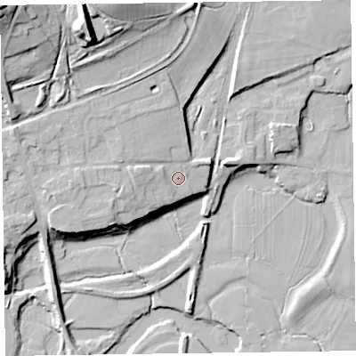 Shaded relief map of the ground around SY226EG, computed from Environment Agency LiDAR. The ground here sits at about 72 m above sea level and falls 35 m across the surrounding 800 m. Surface water reaching this point runs off ground lying to the west-north-west, 2.3 m higher.