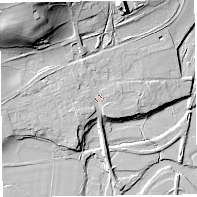 Shaded relief map of the ground around SY226EJ, computed from Environment Agency LiDAR. The ground here sits at about 74 m above sea level and falls 52 m across the surrounding 800 m. Surface water reaching this point runs off ground lying to the north-north-west, 4.3 m higher.