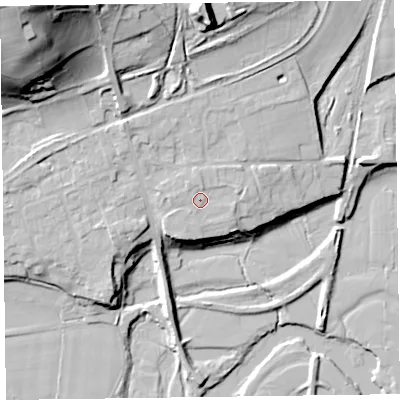Shaded relief map of the ground around SY226EQ, computed from Environment Agency LiDAR. The ground here sits at about 75 m above sea level and falls 52 m across the surrounding 800 m. Surface water reaching this point runs off ground lying to the south-west, 1.1 m higher.