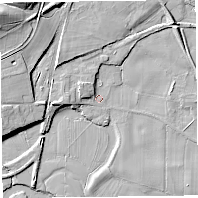 Shaded relief map of the ground around SY226LG, computed from Environment Agency LiDAR. The ground here sits at about 66 m above sea level and falls 25 m across the surrounding 800 m. Surface water reaching this point runs off ground lying to the west-north-west, 1.5 m higher.
