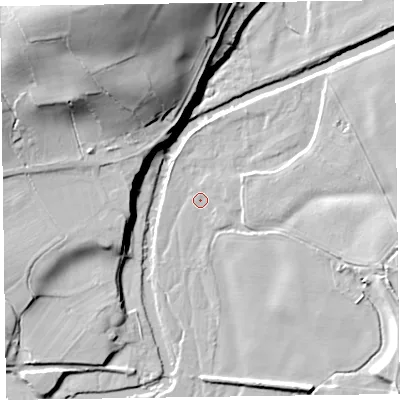 Shaded relief map of the ground around SY226LH, computed from Environment Agency LiDAR. The ground here sits at about 70 m above sea level and falls 43 m across the surrounding 800 m. Surface water reaching this point runs off ground lying to the north-east, 0.7 m higher.