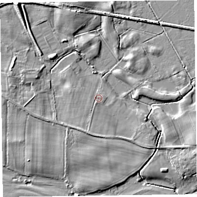 Shaded relief map of the ground around SY226LQ, computed from Environment Agency LiDAR. The ground here sits at about 64 m above sea level and falls 10 m across the surrounding 800 m. Surface water reaching this point runs off ground lying to the south-south-west, 1.6 m higher.