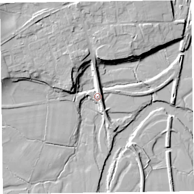 Shaded relief map of the ground around SY226QY, computed from Environment Agency LiDAR. The ground here sits at about 67 m above sea level and falls 16 m across the surrounding 800 m. Surface water reaching this point runs off ground lying to the north-north-west, 15.2 m higher.