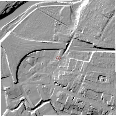 Shaded relief map of the ground around SY25DB, computed from Environment Agency LiDAR. The ground here sits at about 54 m above sea level and falls 18 m across the surrounding 800 m. Surface water reaching this point runs off ground lying to the east, 12.3 m higher.