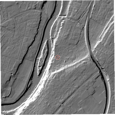 Shaded relief map of the ground around SY25EF, computed from Environment Agency LiDAR. The ground here sits at about 53 m above sea level and falls 17 m across the surrounding 800 m. Surface water reaching this point runs off ground lying to the south, 8.7 m higher.