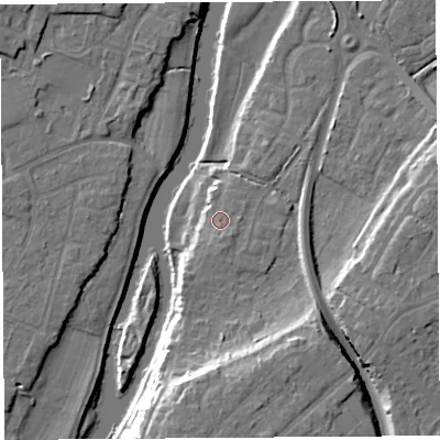 Shaded relief map of the ground around SY25EG, computed from Environment Agency LiDAR. The ground here sits at about 53 m above sea level and falls 16 m across the surrounding 800 m. Surface water reaching this point runs off ground lying to the south-south-east, 1.7 m higher.