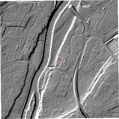 Shaded relief map of the ground around SY25HW, computed from Environment Agency LiDAR. The ground here sits at about 52 m above sea level and falls 15 m across the surrounding 800 m. Surface water reaching this point runs off ground lying to the east-south-east, 1.8 m higher.