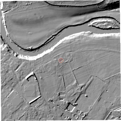 Shaded relief map of the ground around SY25TL, computed from Environment Agency LiDAR. The ground here sits at about 53 m above sea level and falls 14 m across the surrounding 800 m. Surface water reaching this point runs off ground lying to the west-south-west, 1.7 m higher.