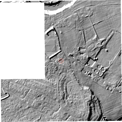 Shaded relief map of the ground around SY25UH, computed from Environment Agency LiDAR. The ground here sits at about 56 m above sea level and falls 16 m across the surrounding 800 m. Surface water reaching this point runs off ground lying to the west-north-west, 3.7 m higher.