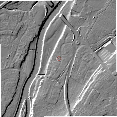 Shaded relief map of the ground around SY25YL, computed from Environment Agency LiDAR. The ground here sits at about 52 m above sea level and falls 15 m across the surrounding 800 m. Surface water reaching this point runs off ground lying to the south-south-west, 1.4 m higher.
