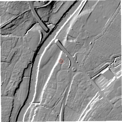 Shaded relief map of the ground around SY25YN, computed from Environment Agency LiDAR. The ground here sits at about 52 m above sea level and falls 14 m across the surrounding 800 m. Surface water reaching this point runs off ground lying to the north-east, 2.8 m higher.
