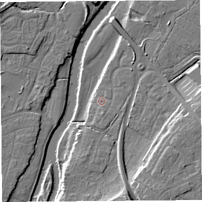 Shaded relief map of the ground around SY25YP, computed from Environment Agency LiDAR. The ground here sits at about 52 m above sea level and falls 15 m across the surrounding 800 m. Surface water reaching this point runs off ground lying to the south-south-east, 1.7 m higher.