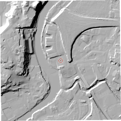 Shaded relief map of the ground around SY26AA, computed from Environment Agency LiDAR. The ground here sits at about 51 m above sea level and falls 33 m across the surrounding 800 m. Surface water reaching this point runs off ground lying to the north, 7.3 m higher.