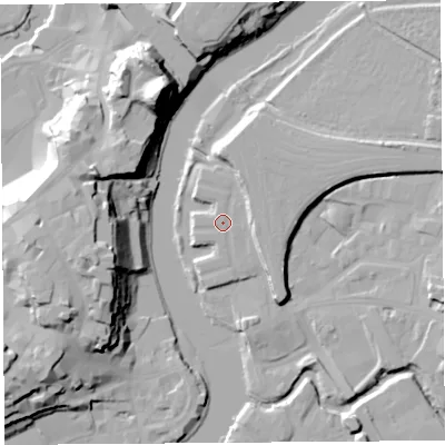 Shaded relief map of the ground around SY26AB, computed from Environment Agency LiDAR. The ground here sits at about 53 m above sea level and falls 33 m across the surrounding 800 m. Surface water reaching this point runs off ground lying to the north-north-east, 5.4 m higher.