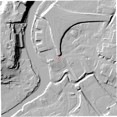 Shaded relief map of the ground around SY26AD, computed from Environment Agency LiDAR. The ground here sits at about 52 m above sea level and falls 33 m across the surrounding 800 m. Surface water reaching this point runs off ground lying to the north, 6.7 m higher.