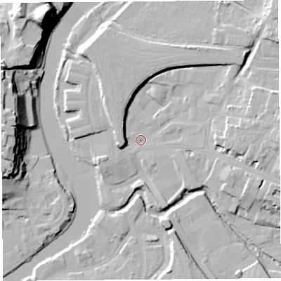 Shaded relief map of the ground around SY26AE, computed from Environment Agency LiDAR. The ground here sits at about 51 m above sea level and falls 33 m across the surrounding 800 m. Surface water reaching this point runs off ground lying to the east, 10.5 m higher.