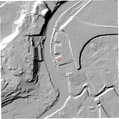 Shaded relief map of the ground around SY26AF, computed from Environment Agency LiDAR. The ground here sits at about 53 m above sea level and falls 33 m across the surrounding 800 m. Surface water reaching this point runs off ground lying to the south-south-east, 0.7 m higher.