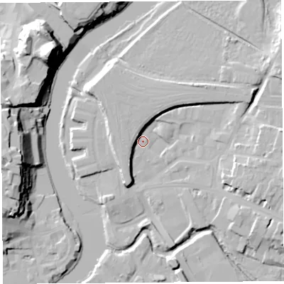 Shaded relief map of the ground around SY26AG, computed from Environment Agency LiDAR. The ground here sits at about 51 m above sea level and falls 33 m across the surrounding 800 m. Surface water reaching this point runs off ground lying to the south-south-west, 7.2 m higher.