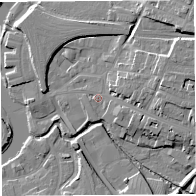 Shaded relief map of the ground around SY26AH, computed from Environment Agency LiDAR. The ground here sits at about 53 m above sea level and falls 15 m across the surrounding 800 m. Surface water reaching this point runs off ground lying to the east-south-east, 8.1 m higher.
