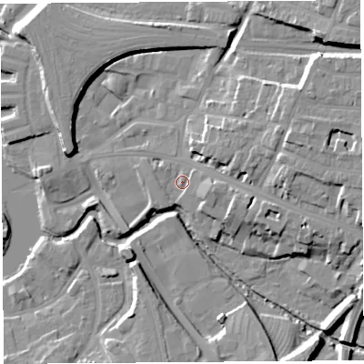Shaded relief map of the ground around SY26AJ, computed from Environment Agency LiDAR. The ground here sits at about 53 m above sea level and falls 15 m across the surrounding 800 m. Surface water reaching this point runs off ground lying to the east, 4.8 m higher.
