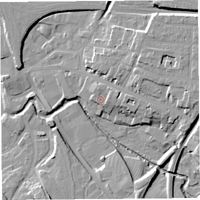 Shaded relief map of the ground around SY26AL, computed from Environment Agency LiDAR. The ground here sits at about 55 m above sea level and falls 16 m across the surrounding 800 m. Surface water reaching this point runs off ground lying to the north-east, 4.0 m higher.