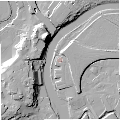 Shaded relief map of the ground around SY26AN, computed from Environment Agency LiDAR. The ground here sits at about 53 m above sea level and falls 33 m across the surrounding 800 m. Surface water reaching this point runs off ground lying to the east, 6.4 m higher.