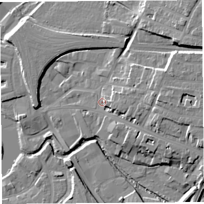 Shaded relief map of the ground around SY26AQ, computed from Environment Agency LiDAR. The ground here sits at about 53 m above sea level and falls 16 m across the surrounding 800 m. Surface water reaching this point runs off ground lying to the east, 11.5 m higher.