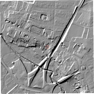 Shaded relief map of the ground around SY26AR, computed from Environment Agency LiDAR. The ground here sits at about 56 m above sea level and falls 21 m across the surrounding 800 m. Surface water reaching this point runs off ground lying to the east-north-east, 8.0 m higher.