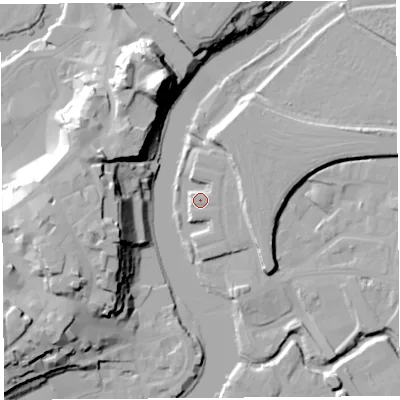 Shaded relief map of the ground around SY26AT, computed from Environment Agency LiDAR. The ground here sits at about 53 m above sea level and falls 33 m across the surrounding 800 m. Surface water reaching this point runs off ground lying to the north-east, 3.2 m higher.