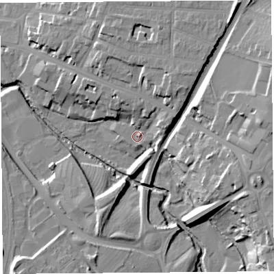 Shaded relief map of the ground around SY26AY, computed from Environment Agency LiDAR. The ground here sits at about 52 m above sea level and falls 21 m across the surrounding 800 m. Surface water reaching this point runs off ground lying to the north-east, 9.2 m higher.