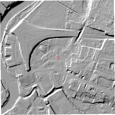 Shaded relief map of the ground around SY26BL, computed from Environment Agency LiDAR. The ground here sits at about 52 m above sea level and falls 20 m across the surrounding 800 m. Surface water reaching this point runs off ground lying to the east-north-east, 12.1 m higher.
