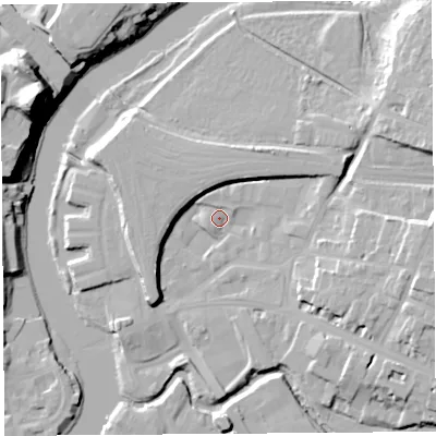 Shaded relief map of the ground around SY26BP, computed from Environment Agency LiDAR. The ground here sits at about 52 m above sea level and falls 35 m across the surrounding 800 m. Surface water reaching this point runs off ground lying to the north-west, 6.8 m higher.