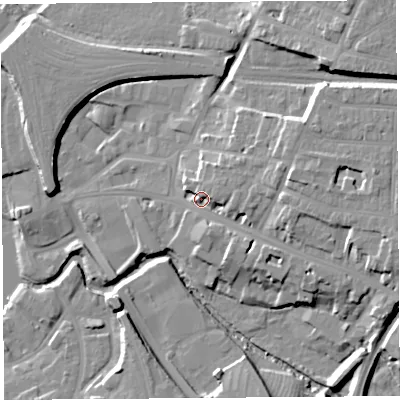 Shaded relief map of the ground around SY26BQ, computed from Environment Agency LiDAR. The ground here sits at about 56 m above sea level and falls 16 m across the surrounding 800 m. Surface water reaching this point runs off ground lying to the east, 10.2 m higher.