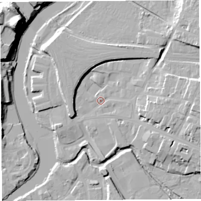 Shaded relief map of the ground around SY26BS, computed from Environment Agency LiDAR. The ground here sits at about 52 m above sea level and falls 33 m across the surrounding 800 m. Surface water reaching this point runs off ground lying to the east, 12.8 m higher.