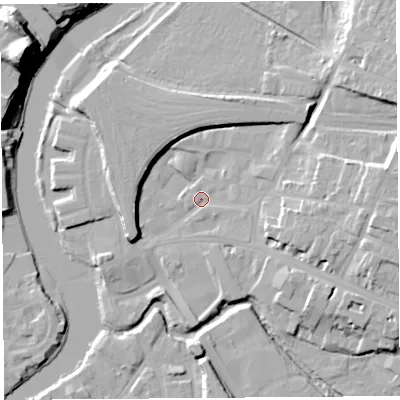 Shaded relief map of the ground around SY26BT, computed from Environment Agency LiDAR. The ground here sits at about 52 m above sea level and falls 33 m across the surrounding 800 m. Surface water reaching this point runs off ground lying to the east, 11.9 m higher.