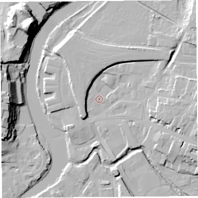 Shaded relief map of the ground around SY26BU, computed from Environment Agency LiDAR. The ground here sits at about 51 m above sea level and falls 33 m across the surrounding 800 m. Surface water reaching this point runs off ground lying to the west-south-west, 7.2 m higher.