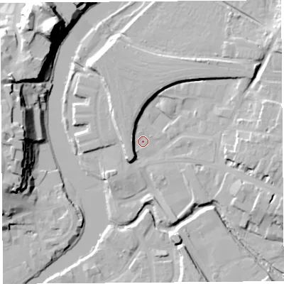Shaded relief map of the ground around SY26BX, computed from Environment Agency LiDAR. The ground here sits at about 51 m above sea level and falls 33 m across the surrounding 800 m. Surface water reaching this point runs off ground lying to the west, 6.9 m higher.