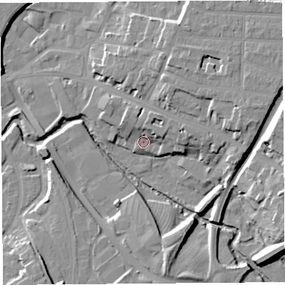 Shaded relief map of the ground around SY26BY, computed from Environment Agency LiDAR. The ground here sits at about 52 m above sea level and falls 18 m across the surrounding 800 m. Surface water reaching this point runs off ground lying to the north-north-east, 6.3 m higher.