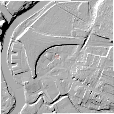 Shaded relief map of the ground around SY26BZ, computed from Environment Agency LiDAR. The ground here sits at about 51 m above sea level and falls 33 m across the surrounding 800 m. Surface water reaching this point runs off ground lying to the west-north-west, 6.8 m higher.