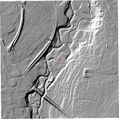 Shaded relief map of the ground around SY26EU, computed from Environment Agency LiDAR. The ground here sits at about 54 m above sea level and falls 23 m across the surrounding 800 m. Surface water reaching this point runs off ground lying to the south-south-east, 1.0 m higher.