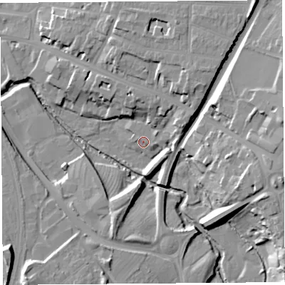 Shaded relief map of the ground around SY26FR, computed from Environment Agency LiDAR. The ground here sits at about 52 m above sea level and falls 21 m across the surrounding 800 m. Surface water reaching this point runs off ground lying to the north-east, 9.2 m higher.