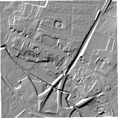 Shaded relief map of the ground around SY26FS, computed from Environment Agency LiDAR. The ground here sits at about 57 m above sea level and falls 21 m across the surrounding 800 m. Surface water reaching this point runs off ground lying to the east-north-east, 4.6 m higher.